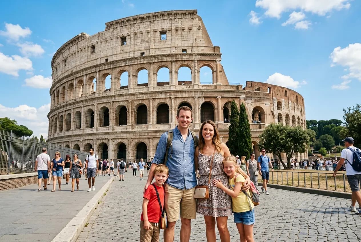 Family with children exploring the Roman Forum with the Colosseum visible in the background