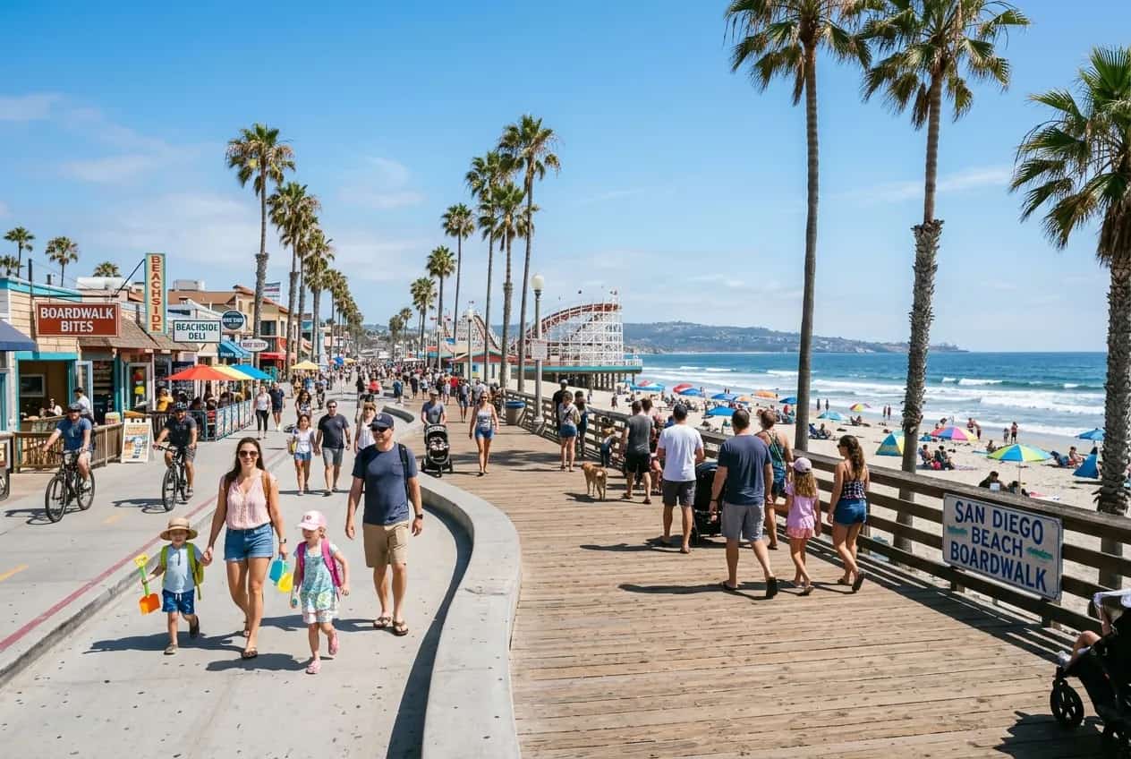 Coronado Beach in San Diego with the Hotel del Coronado in the background and families enjoying the wide sandy shoreline