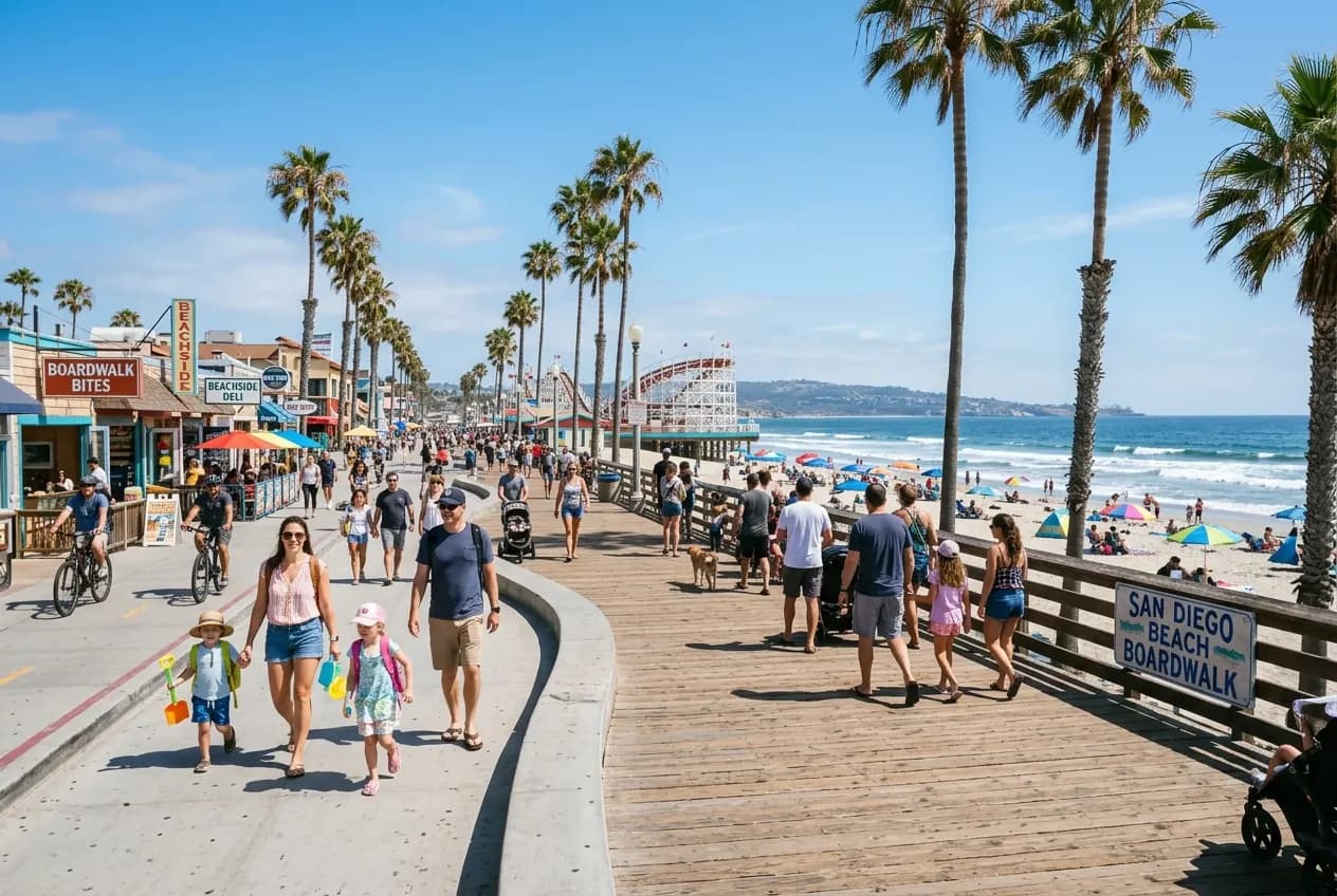 Coronado Beach in San Diego with the Hotel del Coronado in the background and families enjoying the wide sandy shoreline
