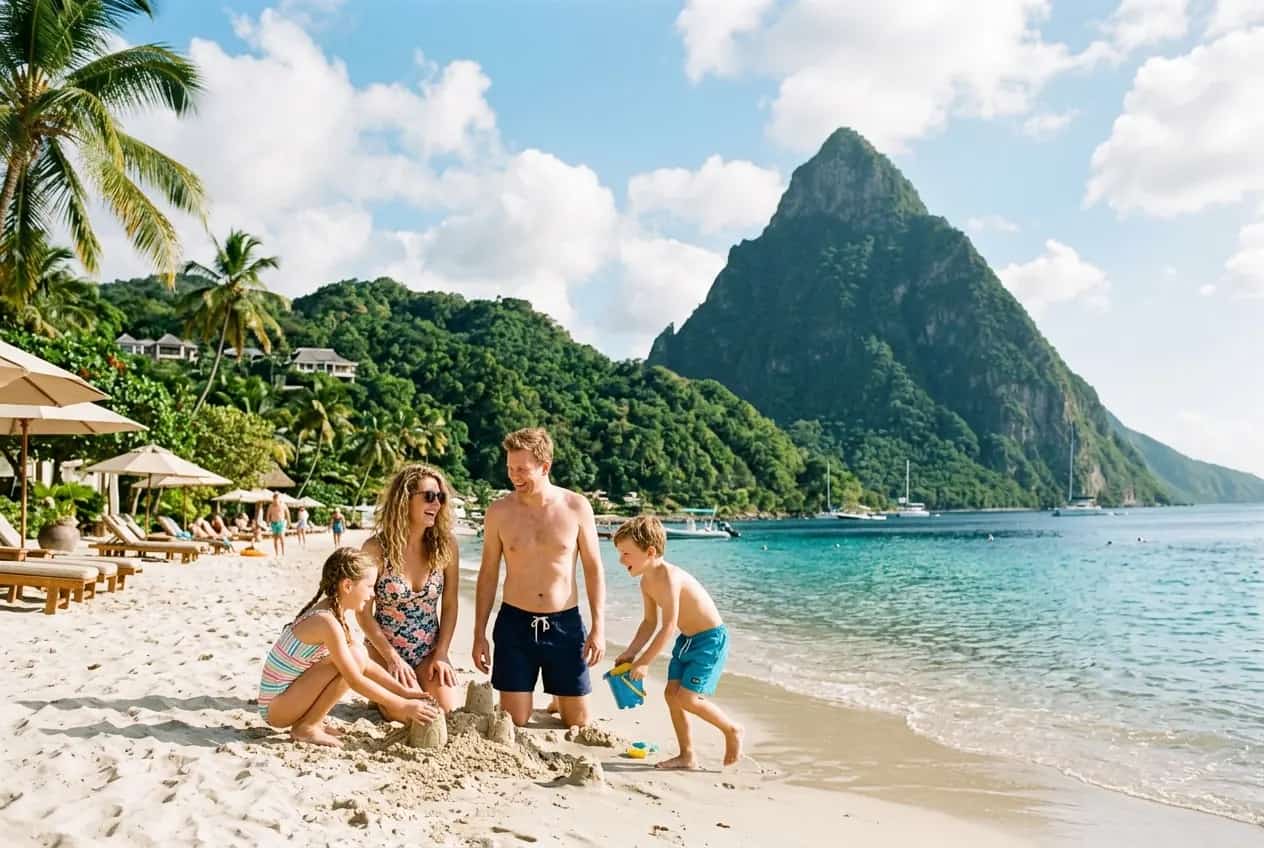 The twin Piton volcanic peaks rising from the Caribbean Sea in St. Lucia with tropical vegetation