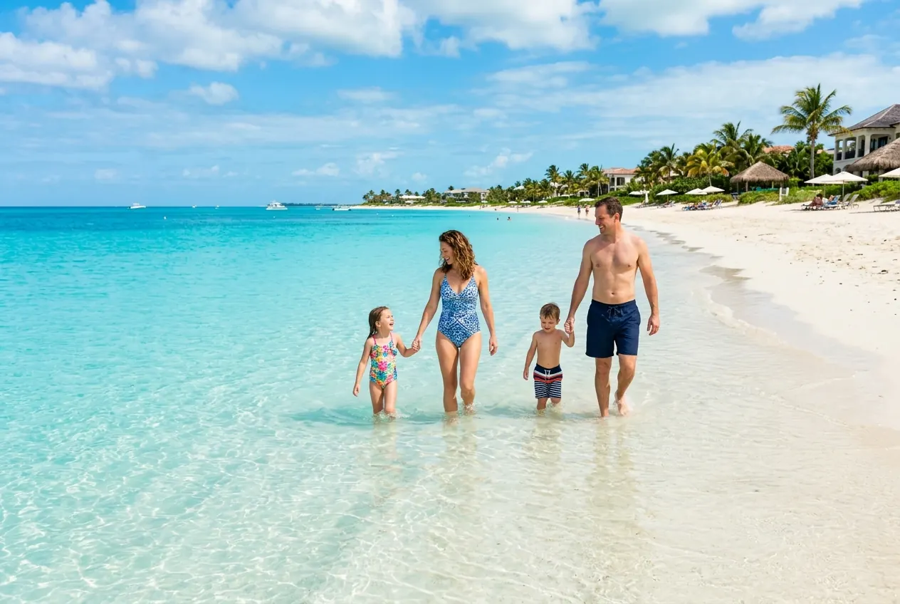 Shallow turquoise water at Grace Bay Beach in Turks and Caicos with young children wading in the calm surf