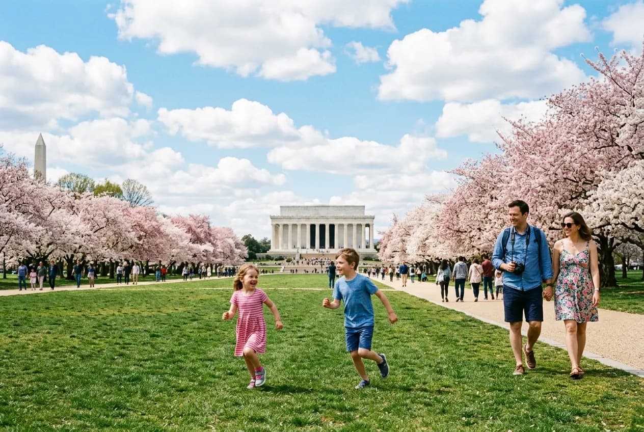 Lincoln Memorial reflecting in the National Mall reflecting pool on a clear day with families walking along the path