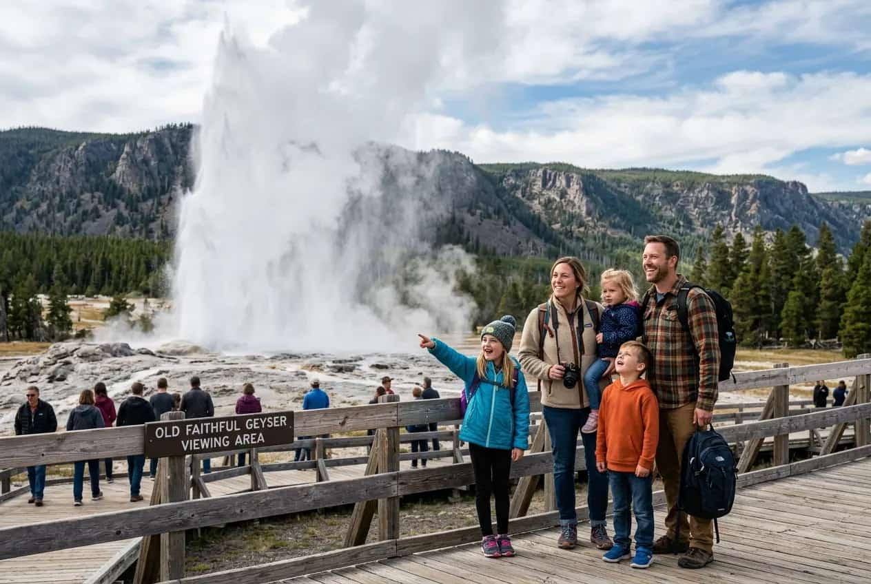 Bison grazing near steaming geothermal pools in Yellowstone National Park with a family watching from a safe distance