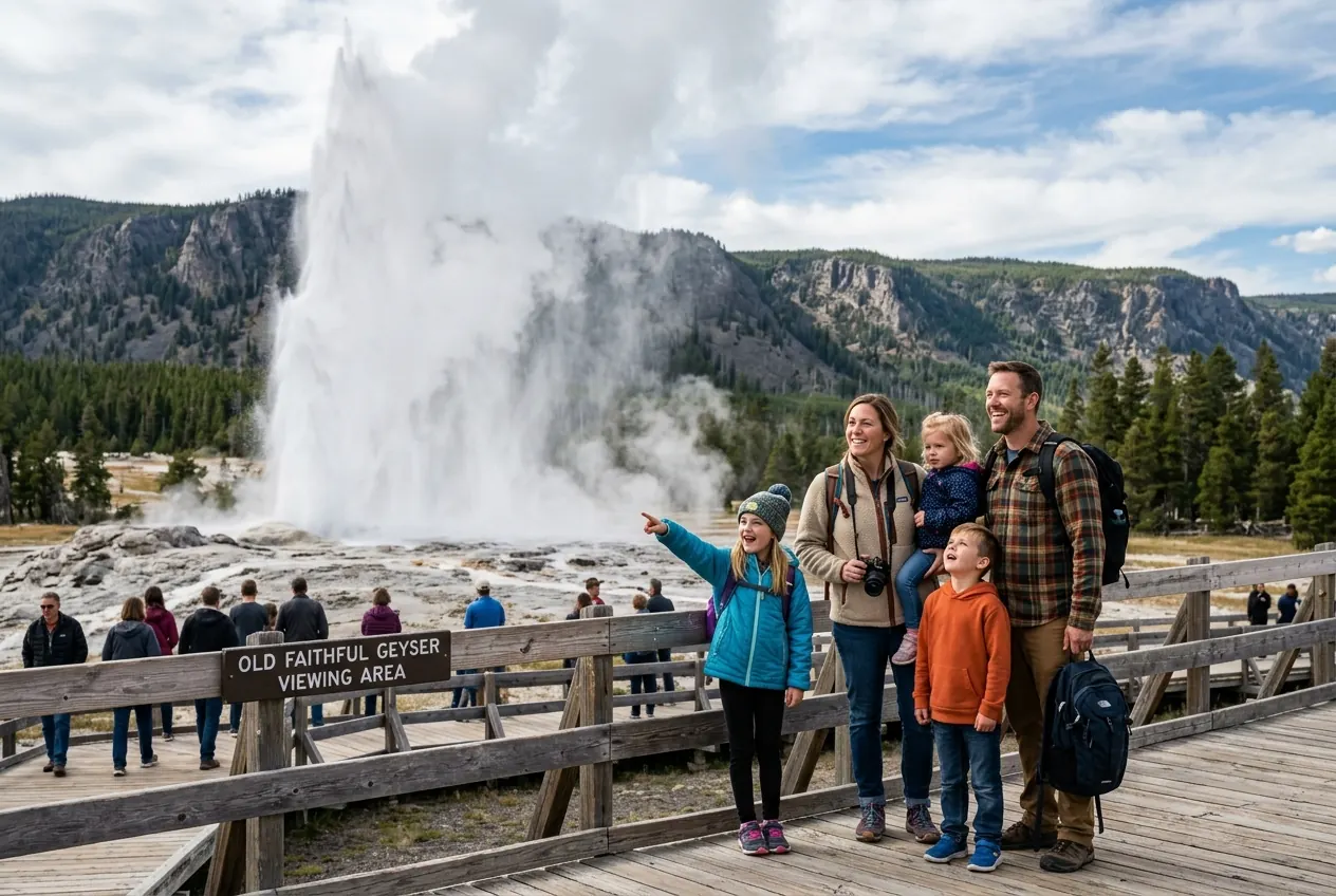 Bison grazing near steaming geothermal pools in Yellowstone National Park with a family watching from a safe distance