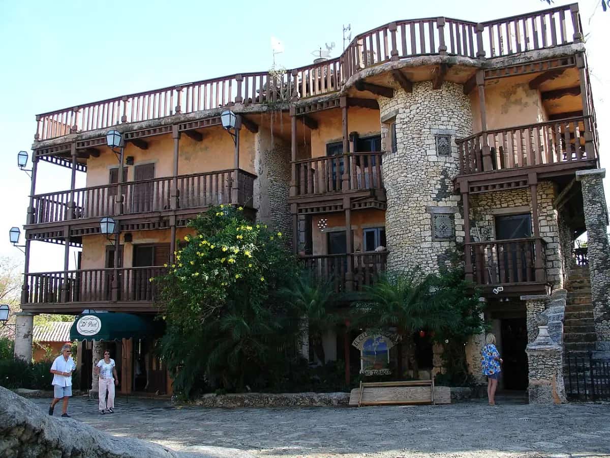 Stone and wood balconied buildings in the village of Altos de Chavón