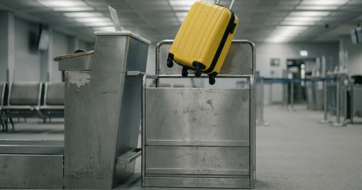 A small hardshell kids' roller suitcase being lowered into a metal airport bag sizer