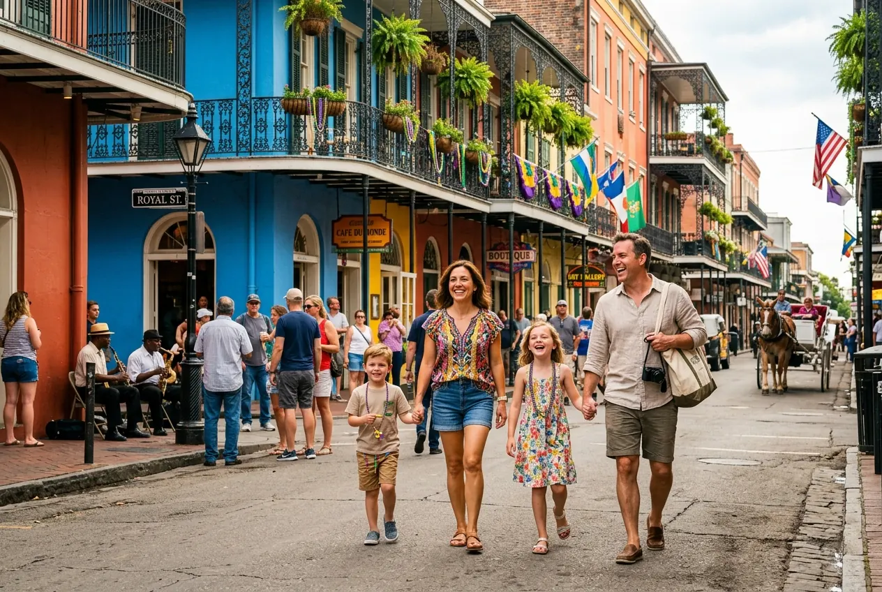 Colorful French Quarter buildings with iron balconies and families exploring Jackson Square in front of St. Louis Cathedral