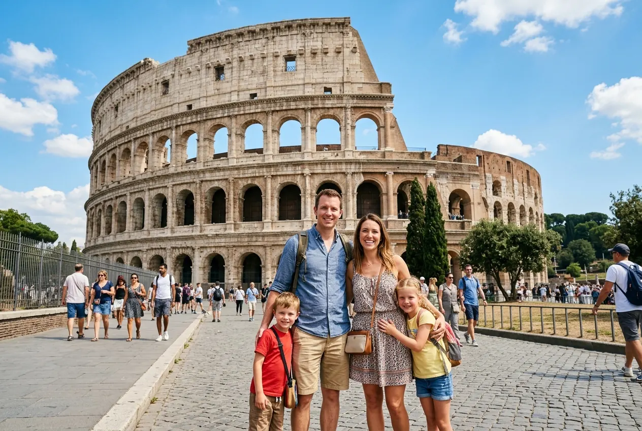 Family with children exploring the Roman Forum with the Colosseum visible in the background