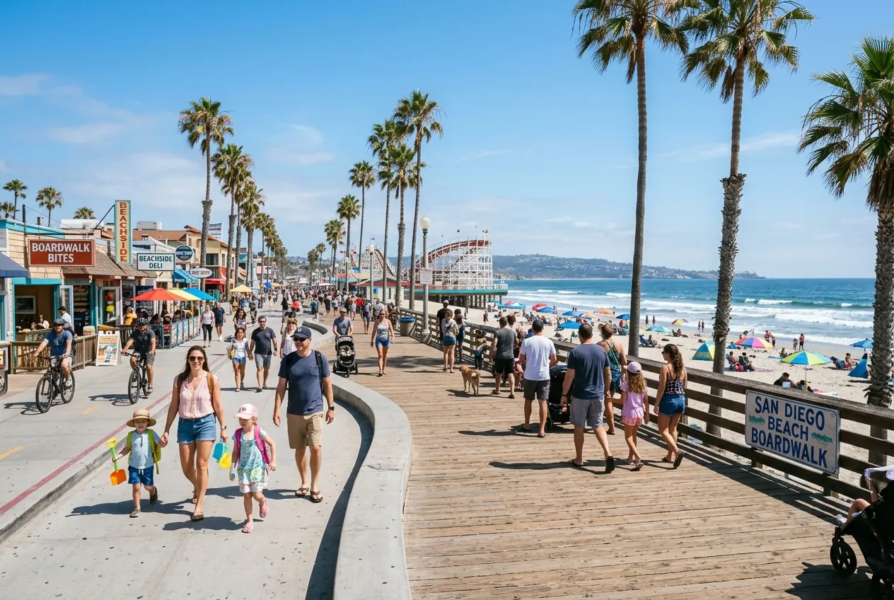Coronado Beach in San Diego with the Hotel del Coronado in the background and families enjoying the wide sandy shoreline