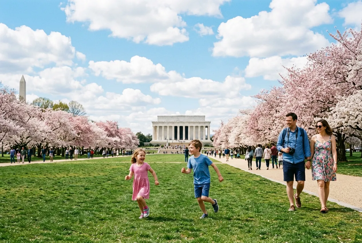 Lincoln Memorial reflecting in the National Mall reflecting pool on a clear day with families walking along the path