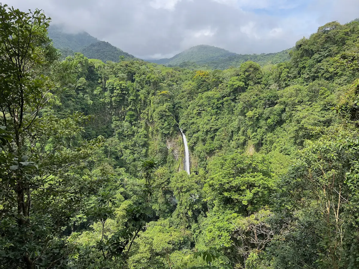 La Fortuna waterfall falling in a thin white ribbon through a deep green rainforest valley